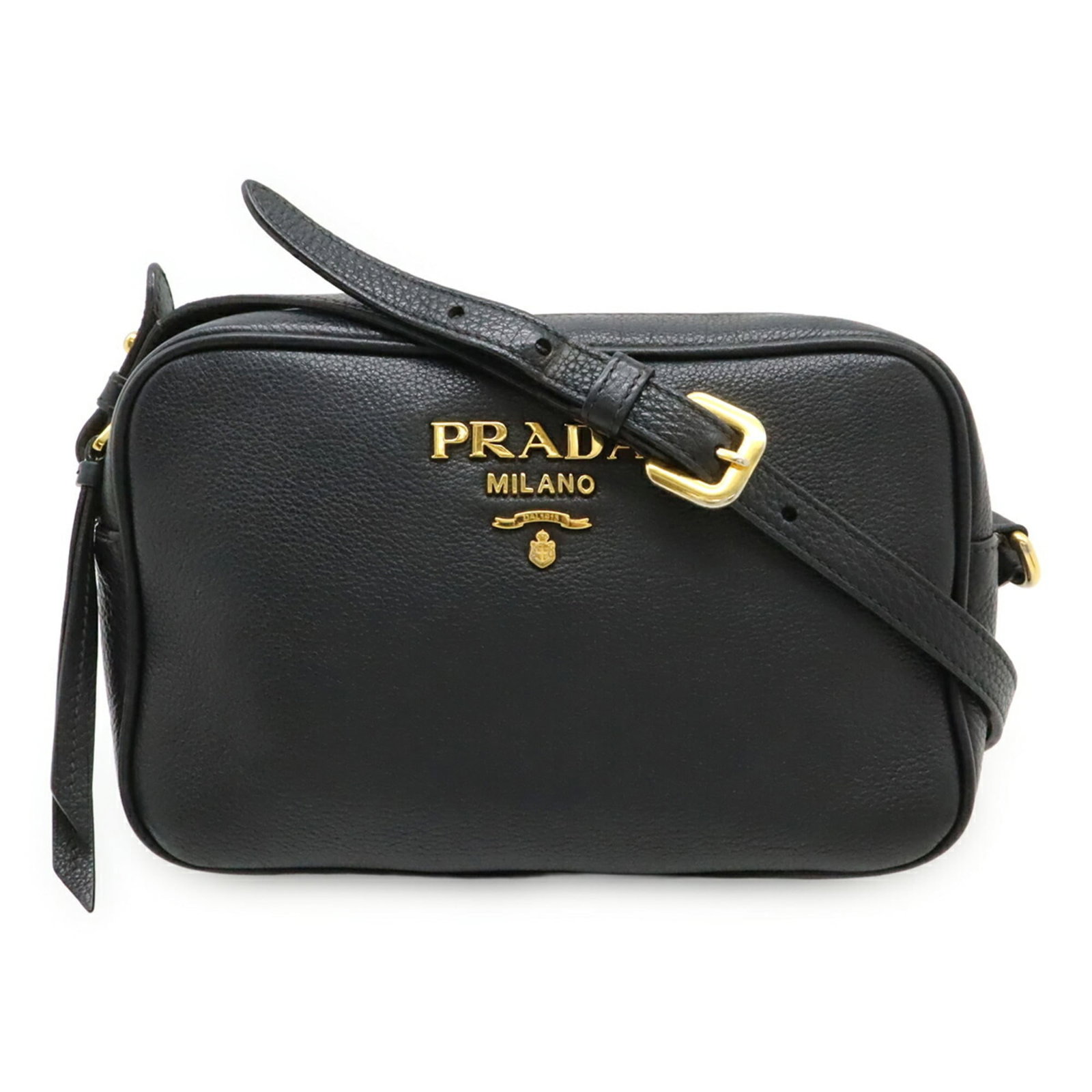 Shoulder Bag Leather Prada Pochette: Shoulder Bag Leather Prada Pochette Black leather Prada Pochette with classic design, available in used condition. The bag features a timeless silhouette and premium leather material, showcasing