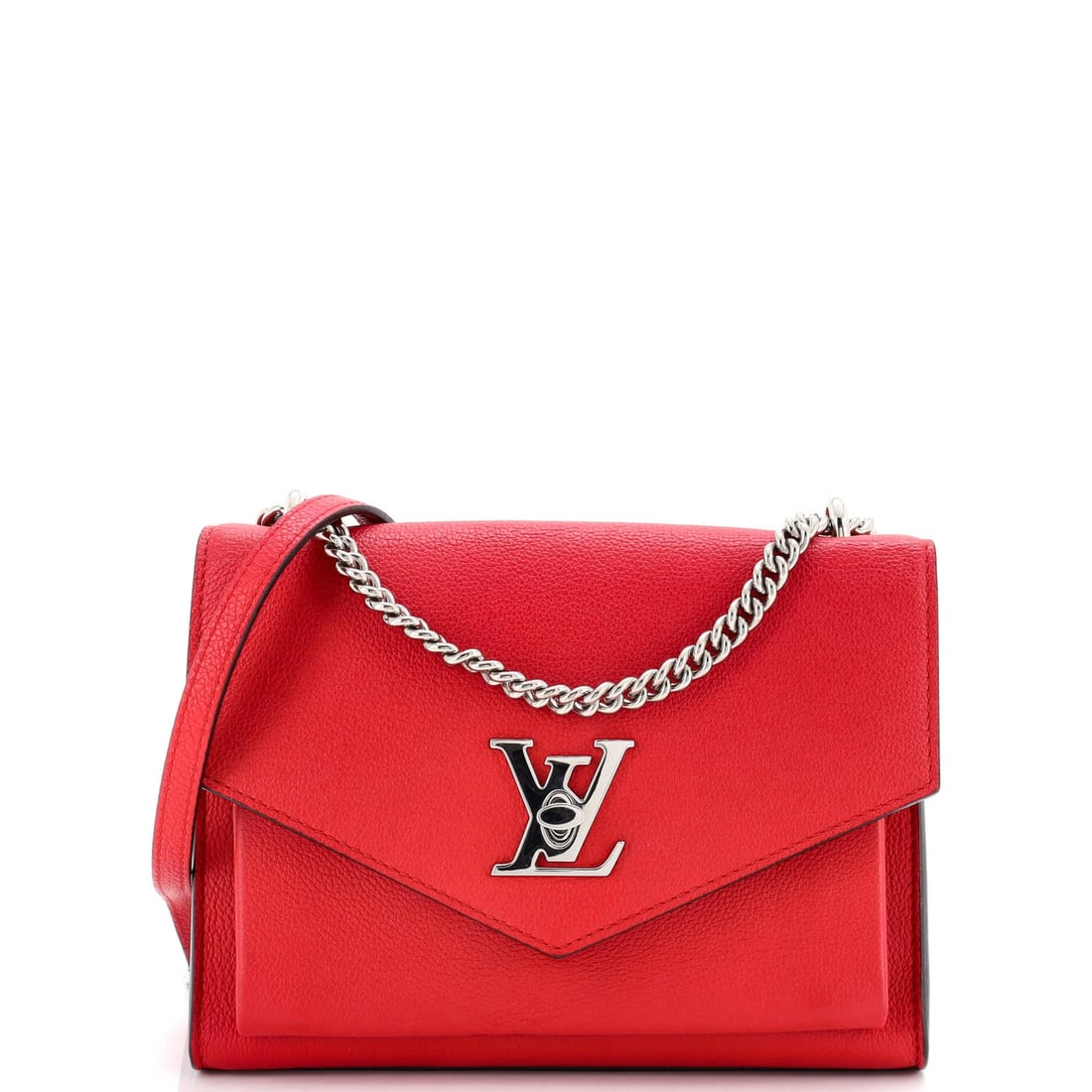 Mylockme Handbag Leather Louis Vuitton: Mylockme Handbag Leather Louis Vuitton Red Louis Vuitton Leather Cross Body Bag with Silver Hardware, featuring minor corner wear and scuffs. Measuring 6.5" tall, 9" wide, and 3" deep, with a handle