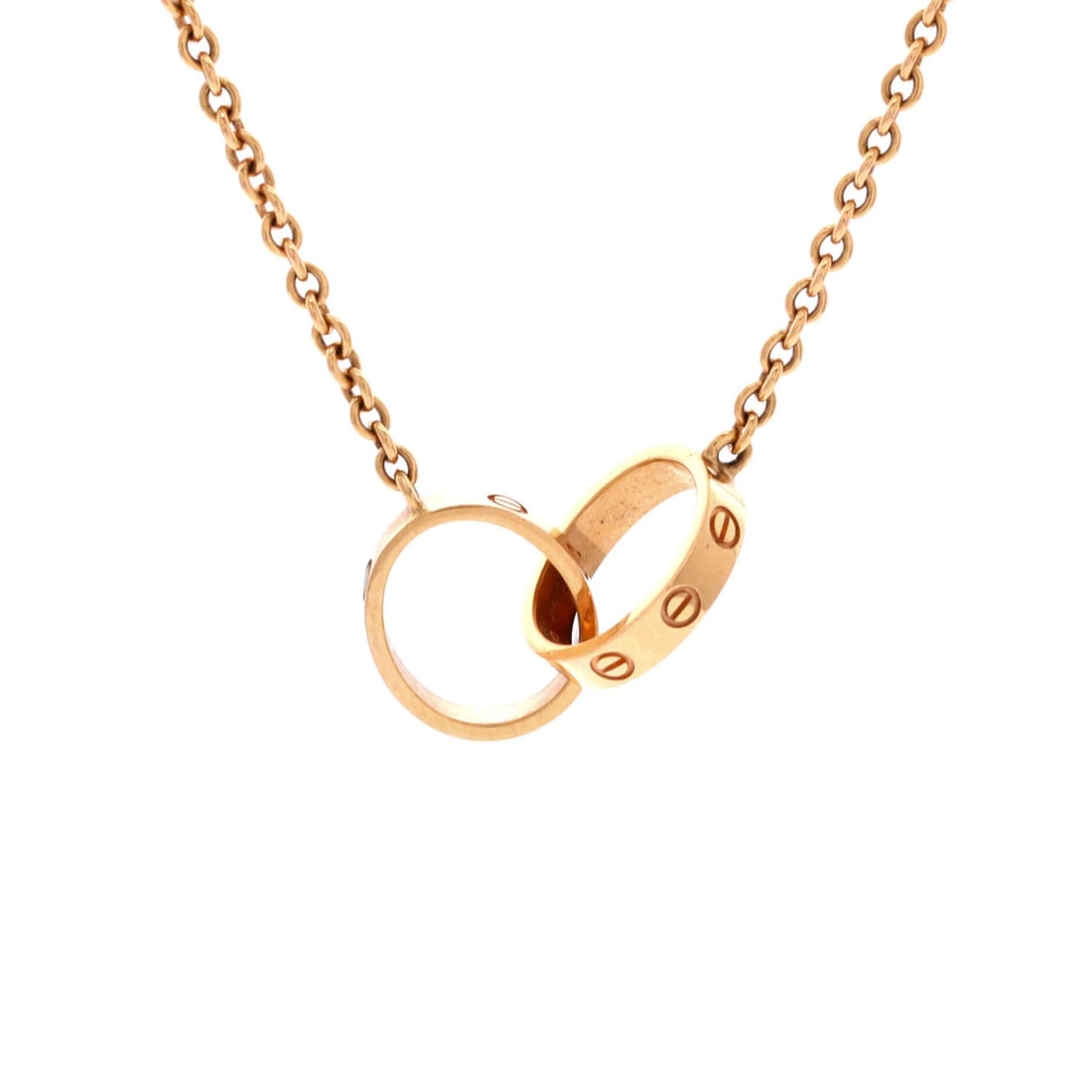 Love Interlocking Necklace Cartier 18K Gold Rose: Love Interlocking Necklace Cartier 18K Gold Rose The Love Interlocking Necklace in 18K rose gold features an interlocking design, making it a beautiful piece to wear. Measuring 17.25 inches in length,