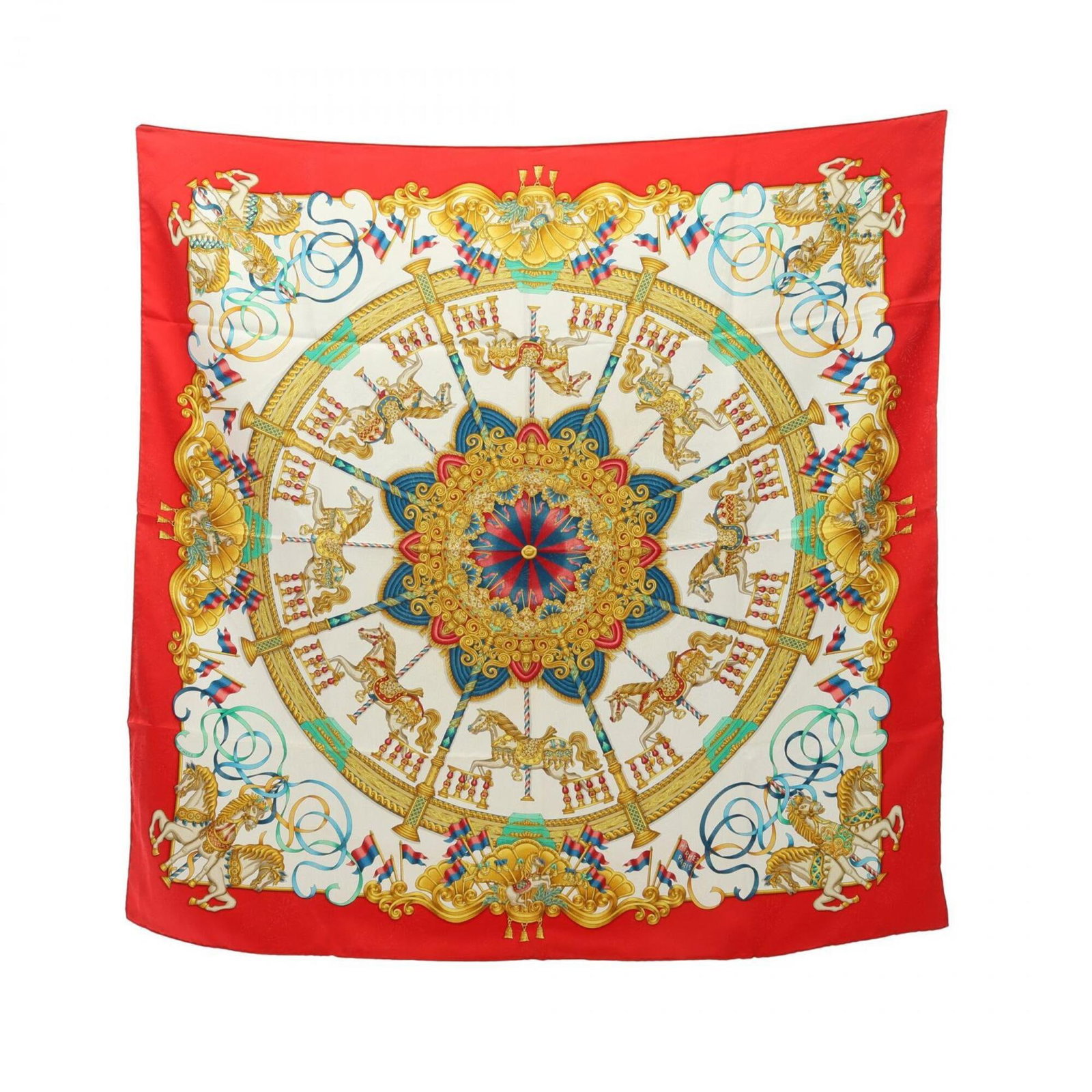 Silk scarf from Hermes: Silk scarf from Hermes Silk scarf from Hermes, featuring a multi-color design with red accents and subtle white undertones. The vibrant colors are subtly nuanced on high-quality silk fabric, measuring