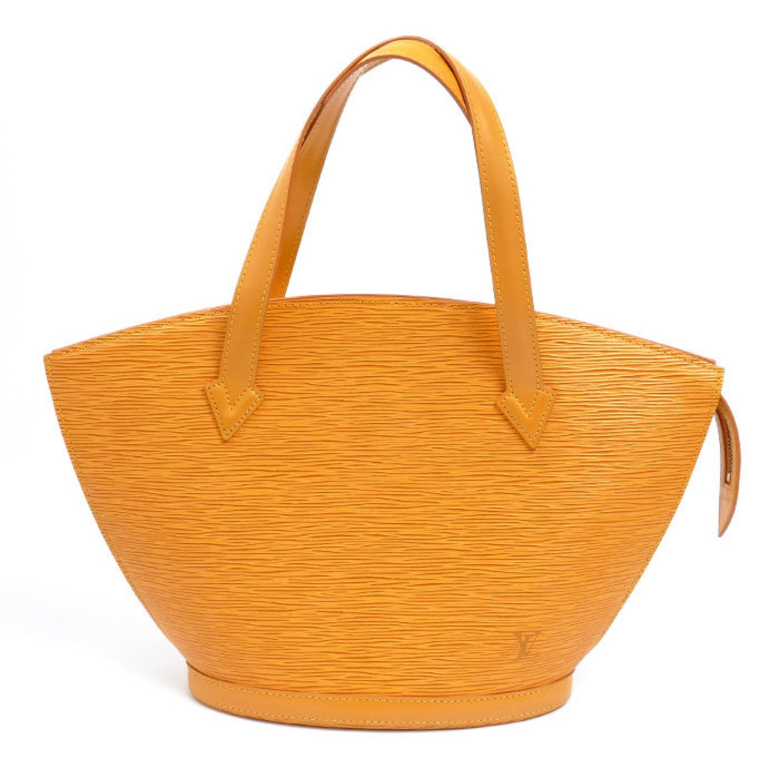 Epi Leather Louis Vuitton Handbag: Epi Leather Louis Vuitton Handbag Yellow Epi Leather Louis Vuitton Handbag, measuring 24cm x 38cm x 10cm, features the iconic brand's signature style. With traces of usage and minor scratches visible,