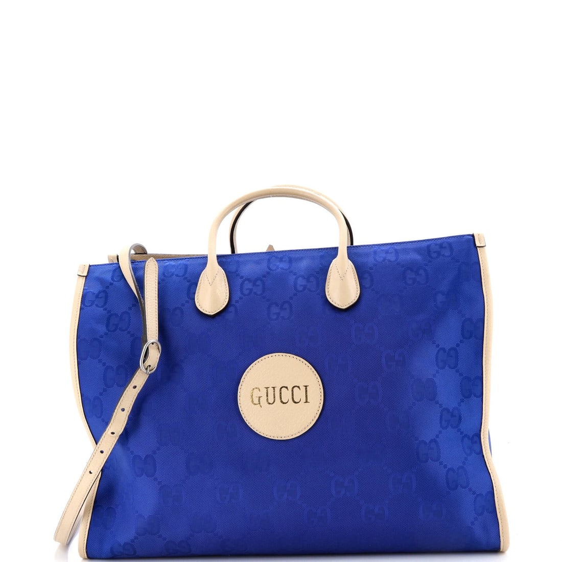 Off Grid GG Econyl Tote Gucci: Off Grid GG Econyl Tote Gucci Gucci's Off The Grid Tote in blue features a sturdy nylon exterior with silver hardware, measuring 13" high, 17" wide, and 7" deep. This eco-friendly tote boasts a