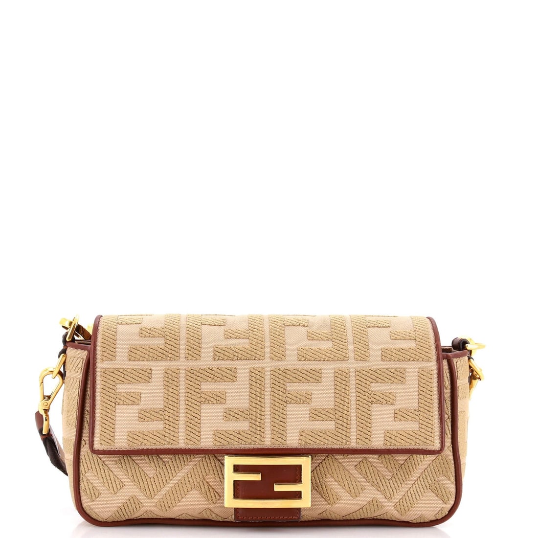 Baguette Canvas Embroidered Fendi Medium NM Zucca: Baguette Canvas Embroidered Fendi Medium NM Zucca Canvas Embroidered Fendi Baguette Zucca Medium in Neutral, featuring an extra strap and aged gold hardware. This medium-sized shoulder bag boasts a un