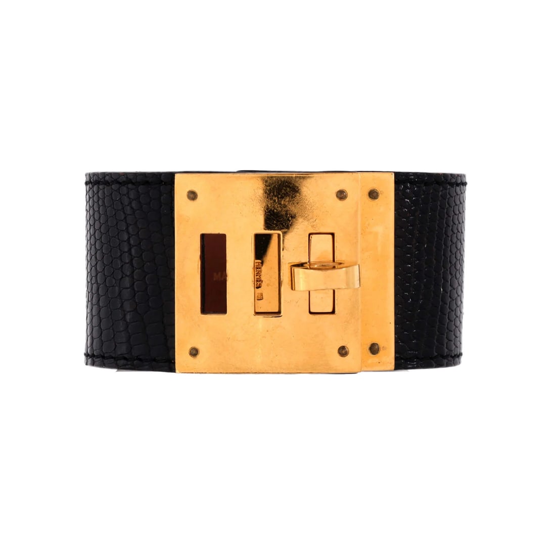 Lizard Dog Kelly Hermes Bracelet: Lizard Dog Kelly Hermes Bracelet The Kelly Dog bracelet boasts a striking black lizard exterior, set against a gold background. This iconic design from the 2002 F Square collection features a unique b