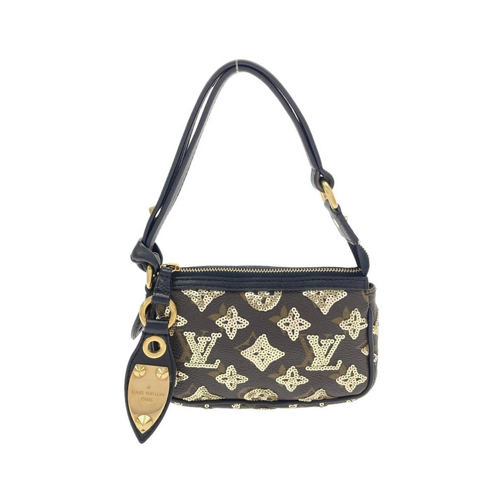 Canvas coated spandex pouch pochette by Louis Vuitton: Canvas coated spandex pouch pochette by Louis Vuitton Gold hardware accents the coated canvas spandex pouch pochette by Louis Vuitton, adding a touch of sophistication to its compact design.