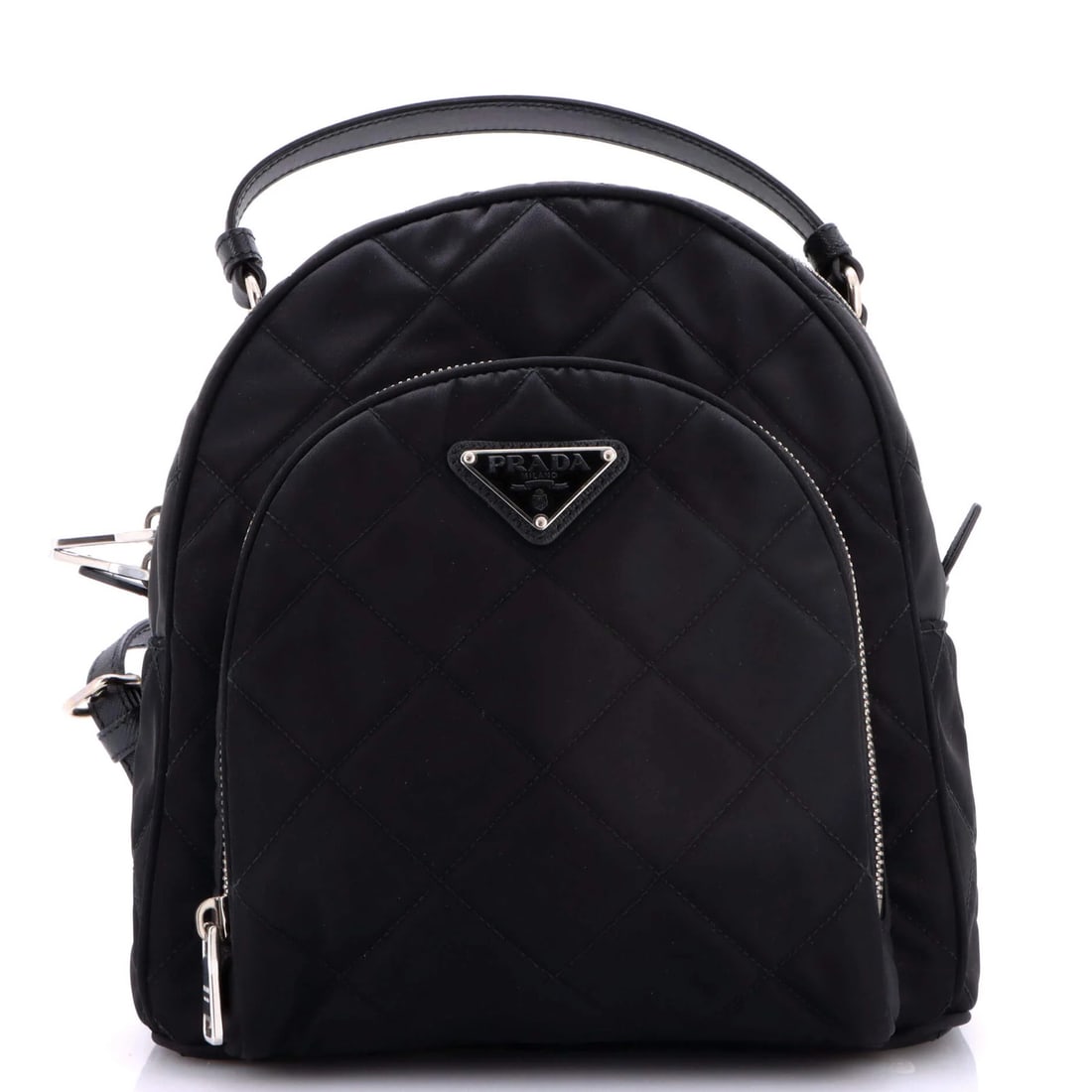 Tessuto Backpack Prada Zaino Quilted: Tessuto Backpack Prada Zaino Quilted Black Prada Zaino Quilted Tessuto Backpack with minor edge wear and scuffs, featuring quilted nylon exterior and silver hardware. Measuring 11" high x 9" wide x