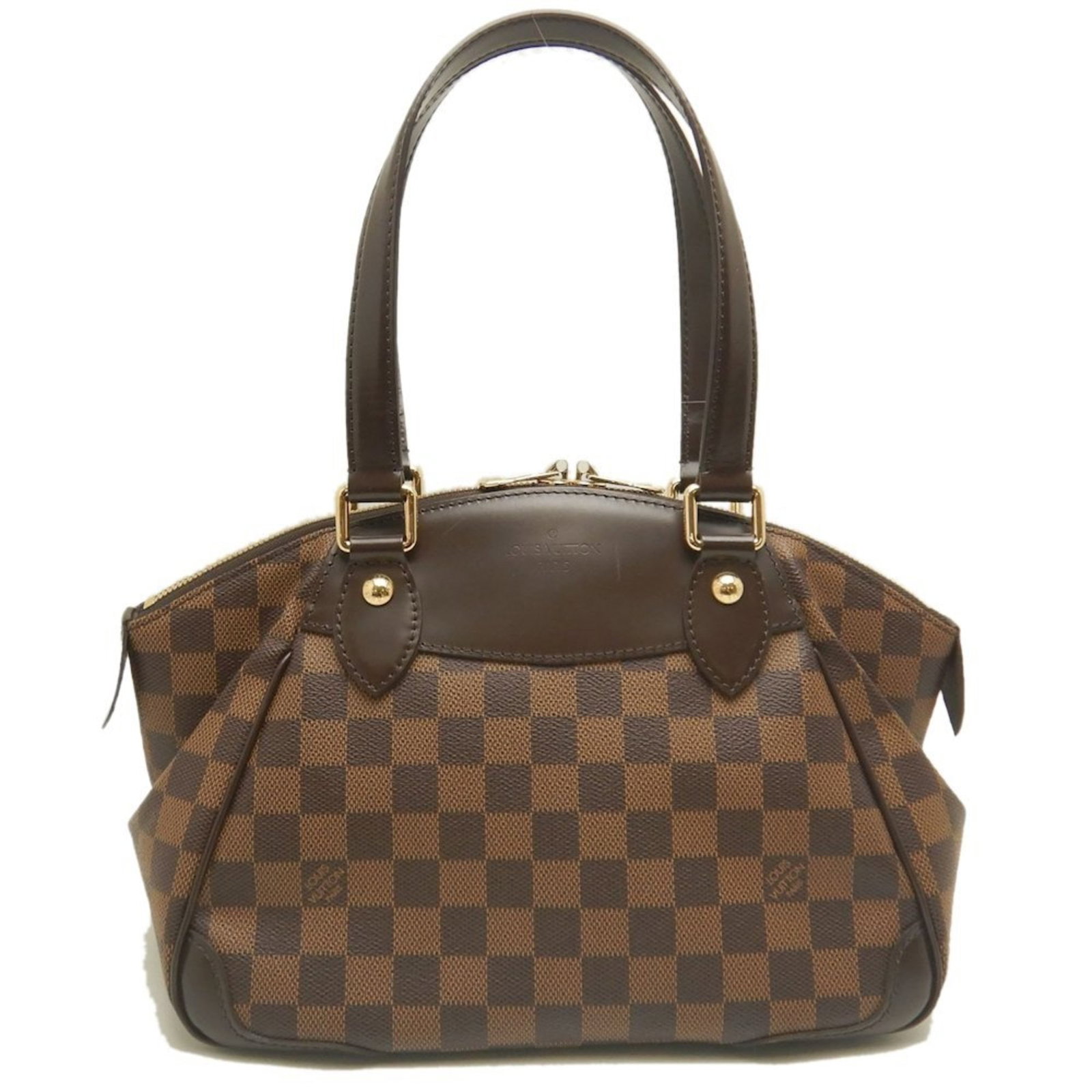 PVC Louis Vuitton Handbag: PVC Louis Vuitton Handbag PVC Louis Vuitton Handbag, featuring the iconic Ebene design in gold hardware and a sturdy zipper closure. This used handbag boasts a classic size with a few traces of usage