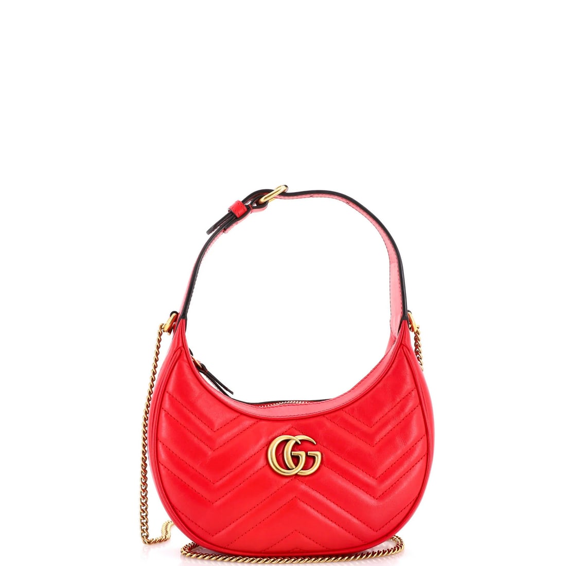 Gucci Half Moon Hobo Matelasse Leather Mini Marmont: Gucci Half Moon Hobo Matelasse Leather Mini Marmont Gucci's Half Moon Hobo Matelasse Leather Mini Marmont boasts a striking red exterior with subtle wear and scuffs, adding to its unique charm. This