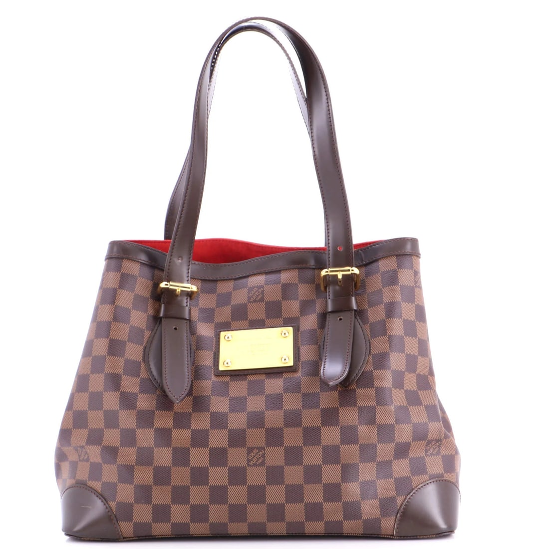 Louis Vuitton handbag Damier GM Hampstead: Louis Vuitton handbag Damier GM Hampstead Brown Louis Vuitton Damier GM Hampstead tote features a canvas-coated exterior with scuffs, creases, corner wear, and minor cracking. The interior is made of