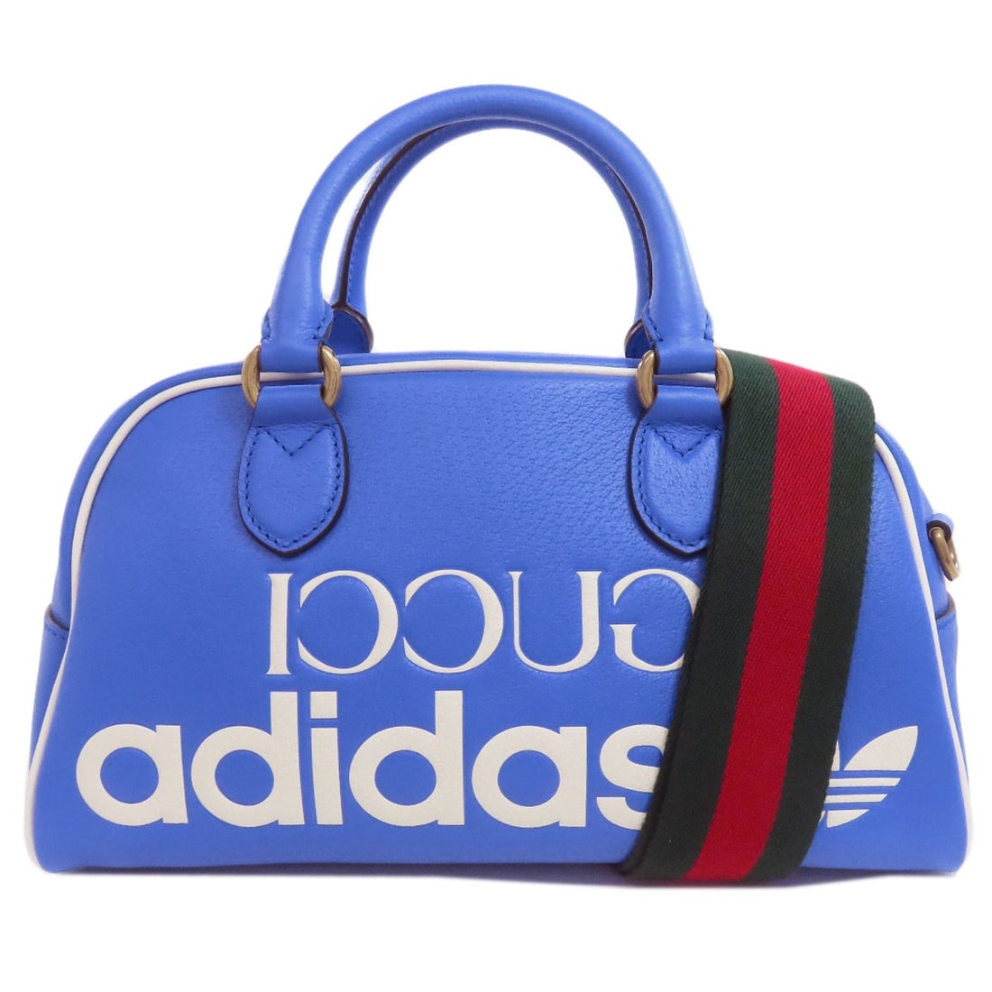 Boston Bag Leather Gucci 727558 Mini Adidas: Boston Bag Leather Gucci 727558 Mini Adidas Blue leather Boston bag from Gucci, featuring exterior color and material as stated. This item bears a signature, but details on the owner are unknown. The