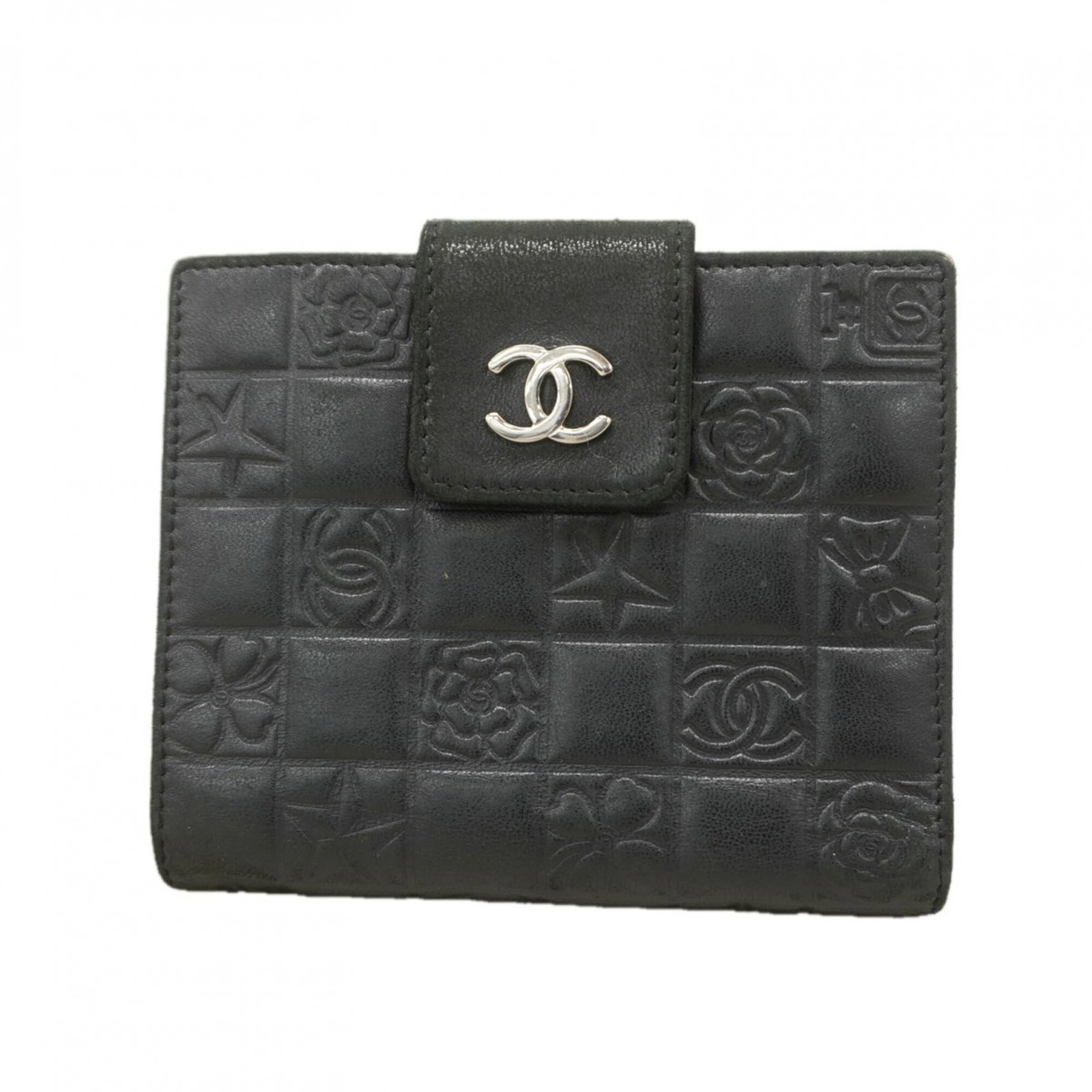 Leather Bi Fold Wallet By Chanel: Leather Bi Fold Wallet By Chanel Black Lambskin Leather Bi Fold Wallet by Chanel, with traces of usage and minor scratches. This iconic design features the timeless elegance of Chanel's signature