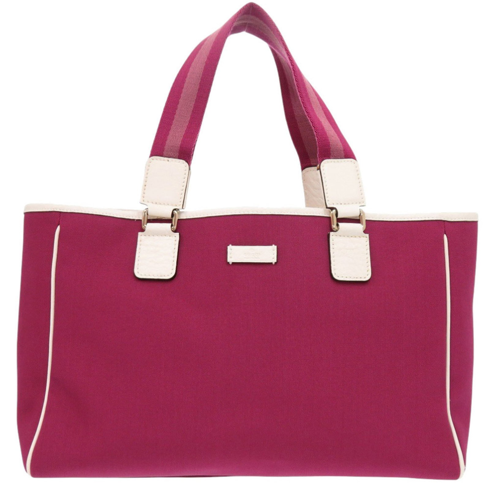 Canvas Gucci Tote: Canvas Gucci Tote Canvas Gucci Tote in White and Wine Colors. This pre-owned tote bag features canvas material, measuring 22.5cm x 35cm x 13cm, with visible traces of usage and minor scratches. The