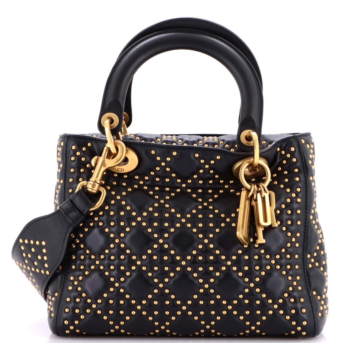 Christian Dior lady Dior bag cannage lambskin medium studded: Christian Dior lady Dior bag cannage lambskin medium studded Black Lady Dior Bag Cannage Studded Lambskin Medium with Aged Gold Hardware, featuring a medium size and top handle design. The bag boasts