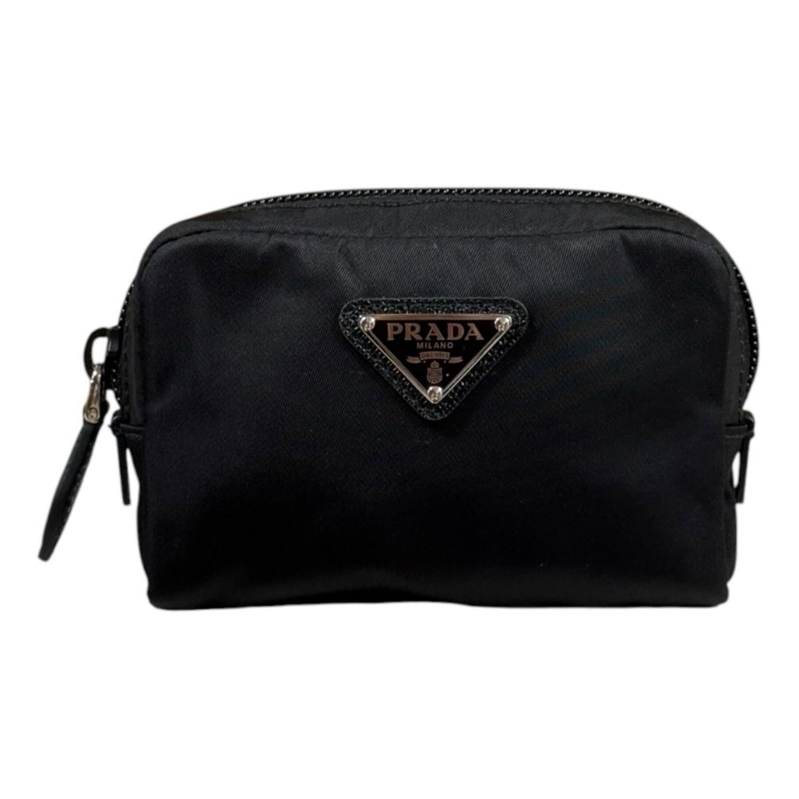 Nylon pouch by Prada: Nylon pouch by Prada Black nylon pouch by Prada, measuring 8cm x 12cm x 3.5cm, features a durable and versatile design that showcases the brand's signature style. With its sleek black color and
