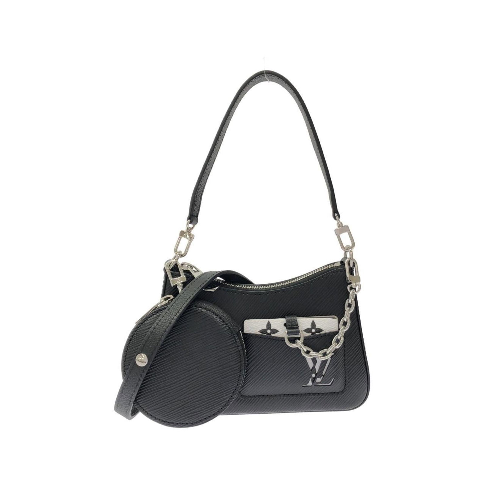 Pouch Bag Leather Shoulder Louis Vuitton: Pouch Bag Leather Shoulder Louis Vuitton Black leather Louis Vuitton pouch bag with silver hardware, featuring calf leather construction. The bag has some traces of usage and minor scratches/dirt,