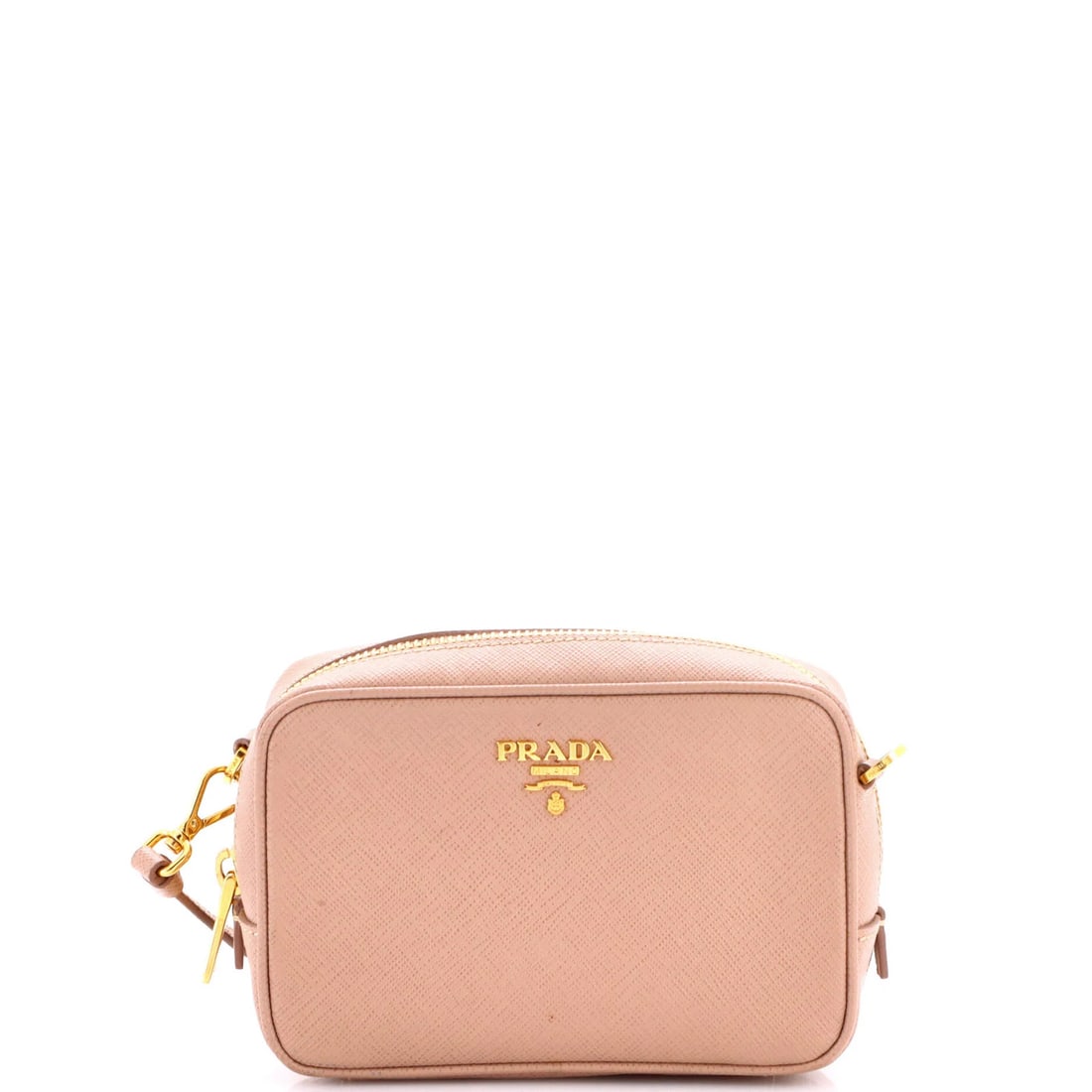 Prada Zip Crossbody Bag Saffiano Leather Mini: Prada Zip Crossbody Bag Saffiano Leather Mini Prada Zip Crossbody Bag Saffiano Leather Mini features neutral exterior color and interior, with gold hardware. The bag boasts a mini size, measuring 4"
