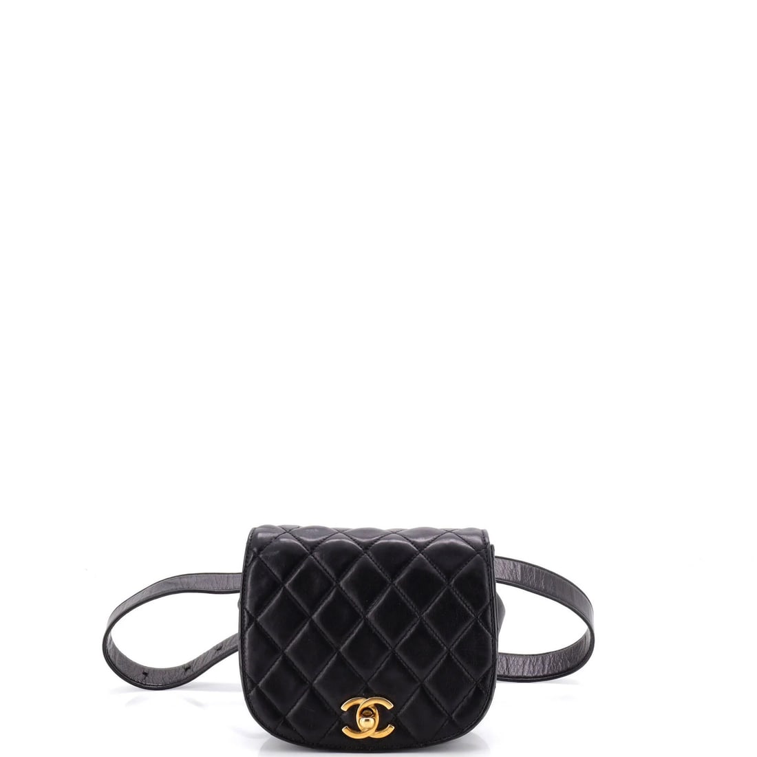 Small quilted leather vintage flap bag Chanel: Small quilted leather vintage flap bag Chanel Small quilted leather vintage flap bag in black exterior, featuring aged gold hardware and a classic design. This small belt bag has a height of 5 inches,