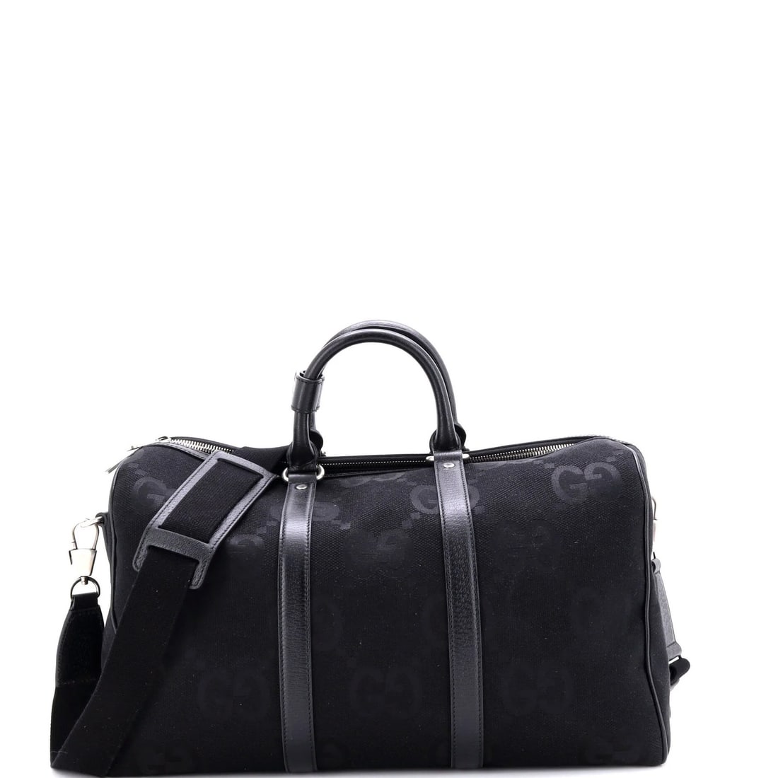Jumbo Convertible Duffle Bag Small Canvas GG Gucci: Jumbo Convertible Duffle Bag Small Canvas GG Gucci Small canvas GG Gucci jumbo convertible duffle bag in black exterior with silver hardware, featuring a classic design and versatile style. The bag's