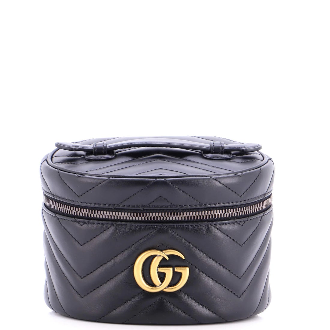 Gucci GG Marmont Top Handle Cosmetic Case Matelasse Leather Mini: Gucci GG Marmont Top Handle Cosmetic Case Matelasse Leather Mini Gucci GG Marmont Top Handle Cosmetic Case Matelasse Leather Mini features a sleek black exterior with minor scuffs and creases, complem