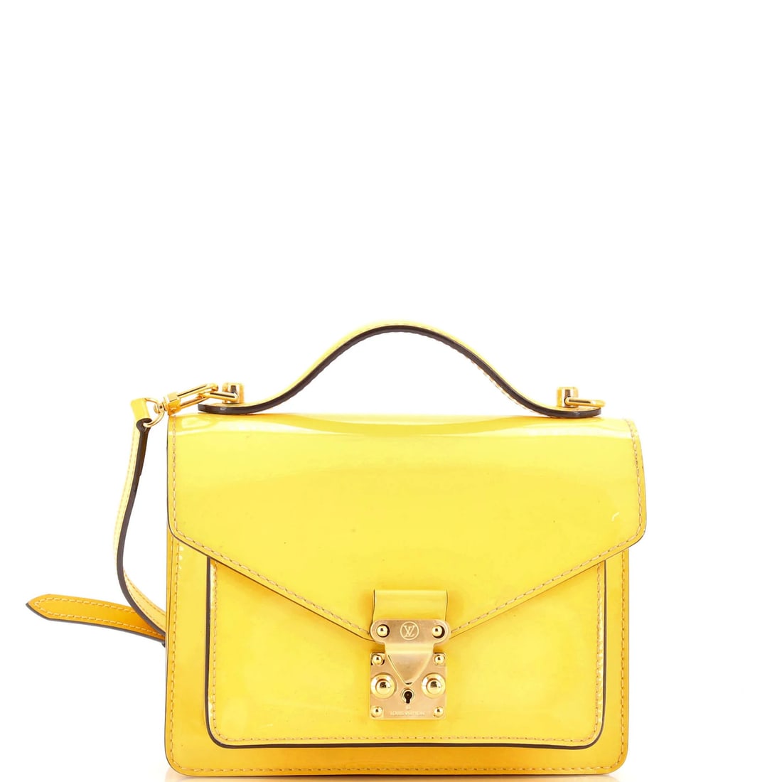Monceau Vernis Handbag Louis Vuitton: Monceau Vernis Handbag Louis Vuitton Yellow Monceau Vernis Handbag Louis Vuitton with patent leather exterior and gold hardware, featuring a cross body design. The bag measures 6" tall, 8" wide, and 2