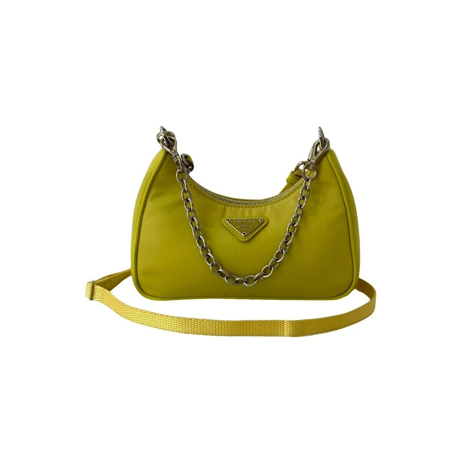 Nylon Prada Handbag Pochette Bag Shoulder: Nylon Prada Handbag Pochette Bag Shoulder Yellow Nylon Prada Pochette Bag Shoulder - A stylish and versatile shoulder bag with a bright yellow nylon exterior, measuring 10cm x 15cm. The bag shows sign
