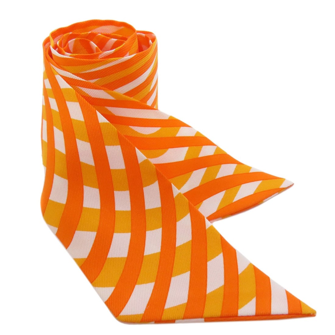 Hermes Twilly Scarf Silk: Hermes Twilly Scarf Silk Orange silk scarf from Hermes, bearing the brand's signature style and exterior color. Made from high-quality silk, this Twilly Scarf features a vibrant orange hue that adds