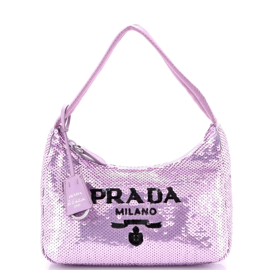 Mini sequins re edition prada hobo 2000: Mini sequins re edition prada hobo 2000 Mini sequins re edition Prada hobo 2000 in rich purple sequin exterior, featuring a classic design with minor scuffs and creases. The clochette adds a touch of