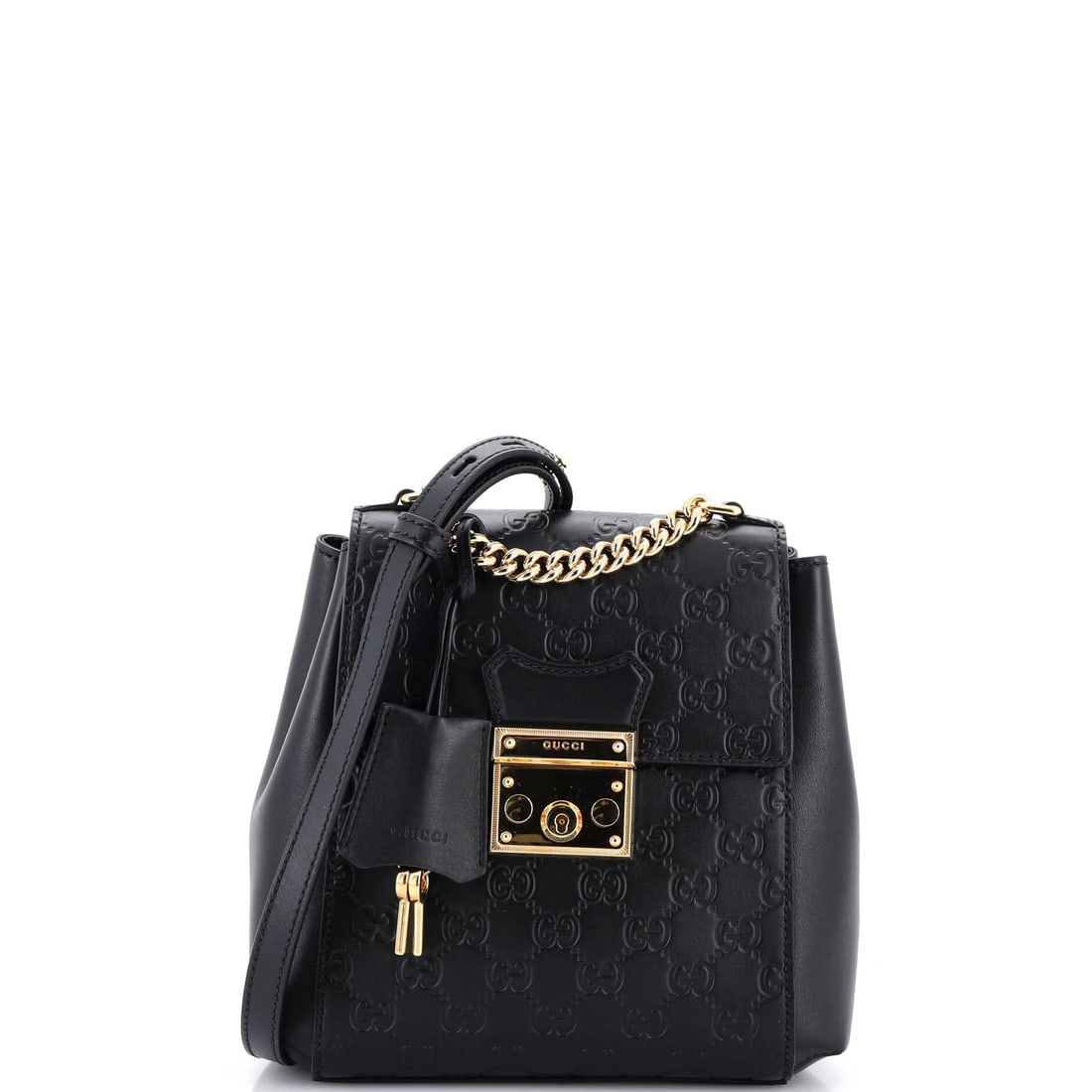 Guccissima Leather Mini Backpack Padlock: Guccissima Leather Mini Backpack Padlock Guccissima Leather Mini Backpack Padlock features Gucci's signature style with a sleek, all-black leather exterior and gold hardware. This mini backpack