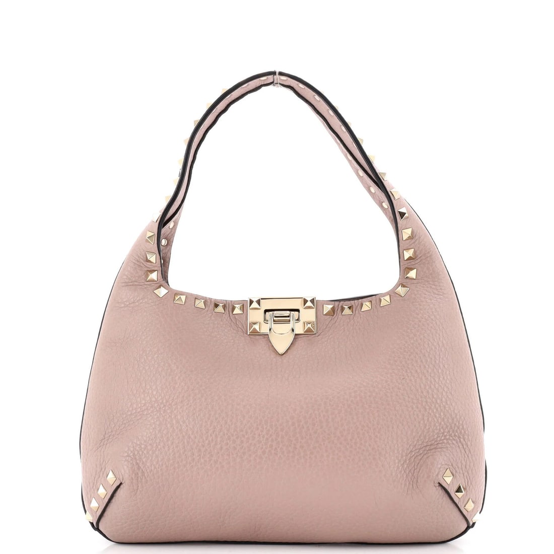 Small leather hobo flip lock rockstud Valentino Garavani: Small leather hobo flip lock rockstud Valentino Garavani Small leather hobo flip lock rockstud Valentino Garavani in neutral exterior color, featuring Rockstud Flip Lock design and edge wear on the