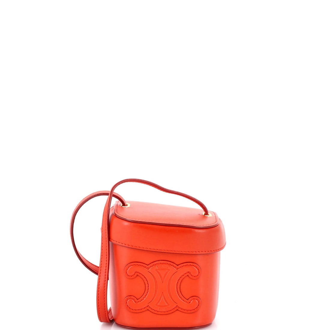 Celine Cuir Triomphe Box Bag Leather Small: Celine Cuir Triomphe Box Bag Leather Small This Celine Cuir Triomphe Box Bag Leather Small features a striking red exterior with minor scuffs and creases, giving it a worn-in look. The interior