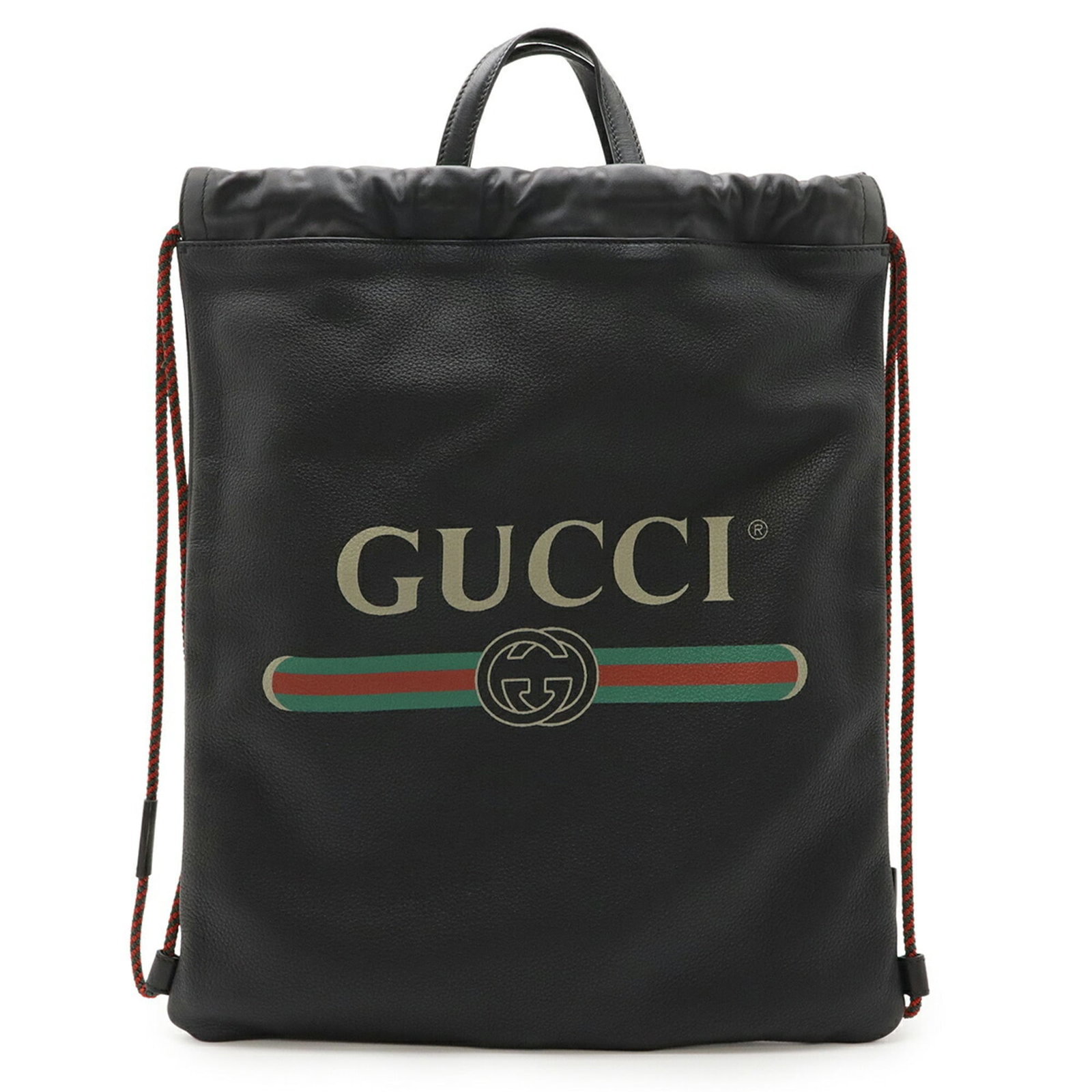 Backpack Leather Gucci: Backpack Leather Gucci Black, Green, and Red Leather Gucci Backpack. This used backpack features a classic design with leather material and a size of 44.5cm x 37cm. A few traces of usage can be seen, 