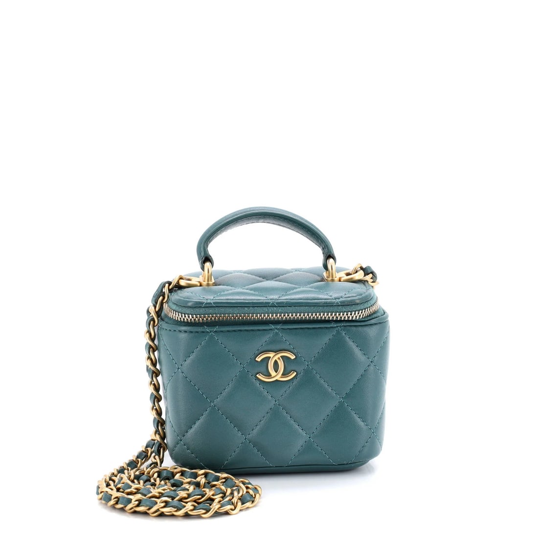Lambskin Quilted Classic Top Vanity Case With Chain Mini: Lambskin Quilted Classic Top Vanity Case With Chain Mini The Chanel Classic Top Handle Vanity Case with Chain Quilted Lambskin Mini features a timeless design, with its quilted lambskin exterior in gr