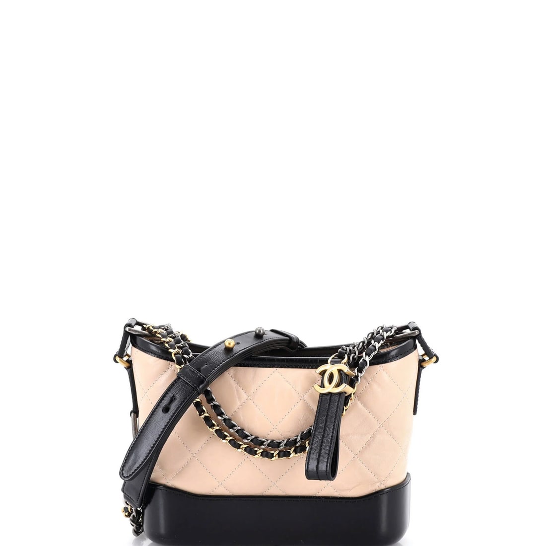 Calfskin Quilted Hobo Small Aged Chanel: Calfskin Quilted Hobo Small Aged Chanel Small, neutral-colored quilted Chanel hobos are known for their timeless design. This particular small Gabrielle Hobo features heavy corner wear, scuffs, edge w