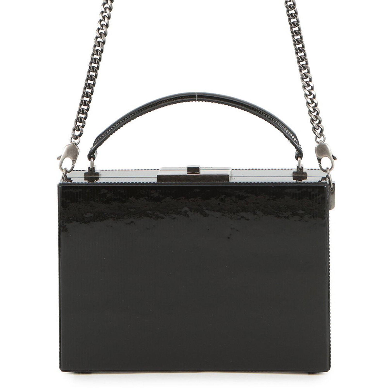 Saint Yves Laurent Handbag Patent Leather Vanity: Saint Yves Laurent Handbag Patent Leather Vanity Patent leather finishes the sleek silhouette of this Yves Saint Laurent handbag, its black hue exuding sophistication. Measuring 13cm x 19cm x 6.5cm, i