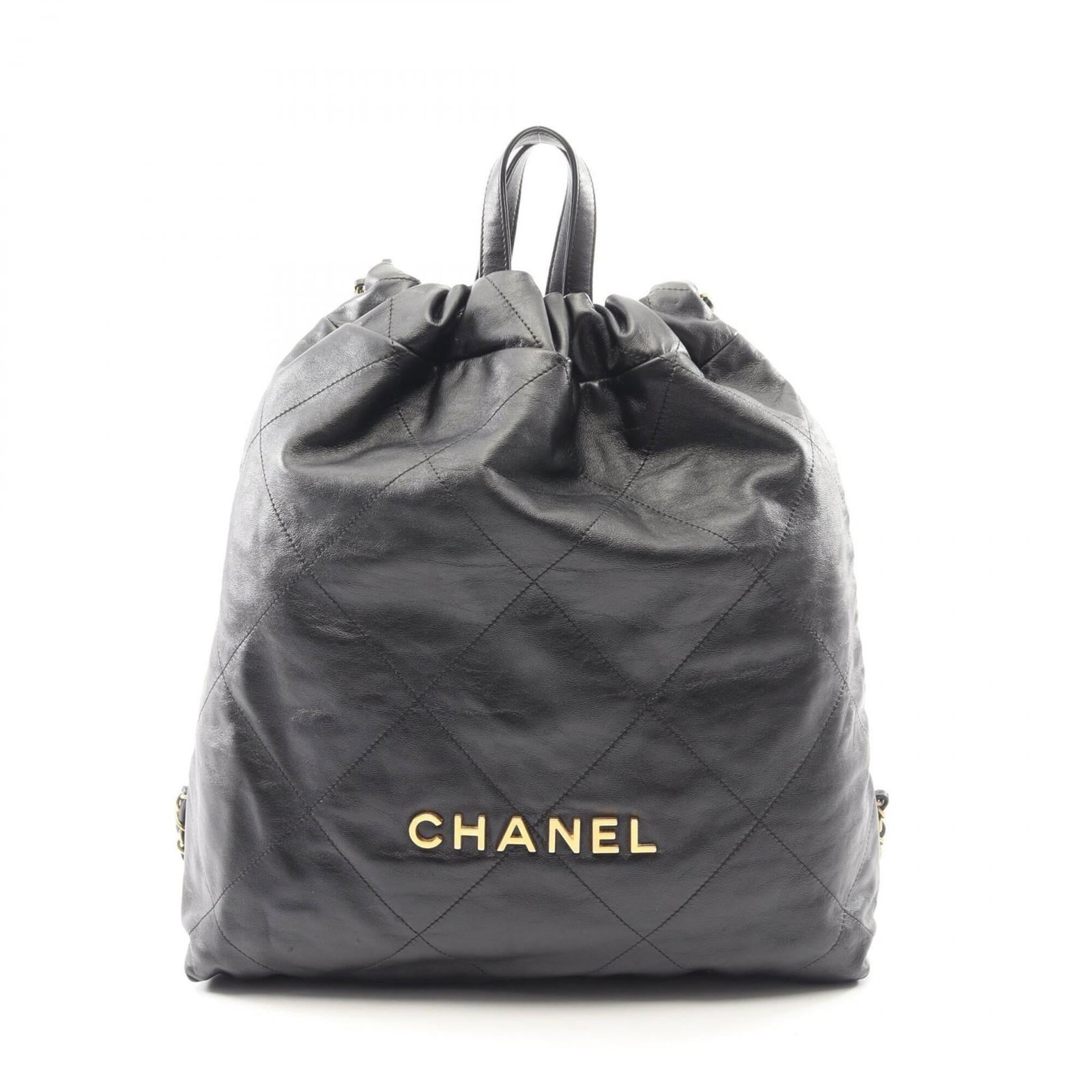 Leather Backpack by Chanel: Leather Backpack by Chanel Black leather backpack with classic Chanel design, featuring a timeless black color and durable construction. The backpack measures 39cm x 34cm x 8cm and has some minor