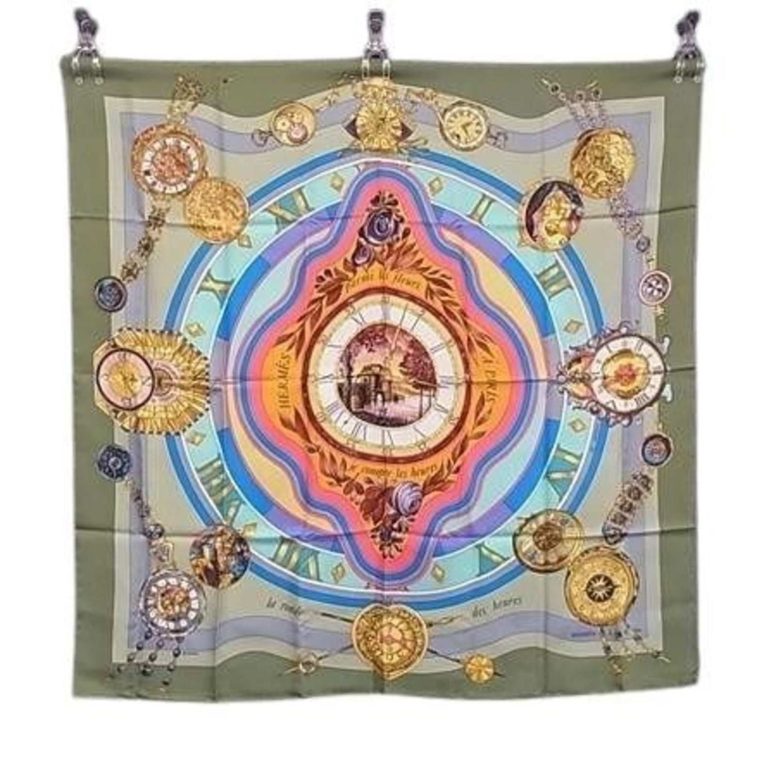 Silk scarf from Hermes: Silk scarf from Hermes 89cm x 88cm silk scarf from renowned French fashion house Hermes, featuring a multi-color design. The scarf bears some traces of usage and minor scratches/dirt but remains in