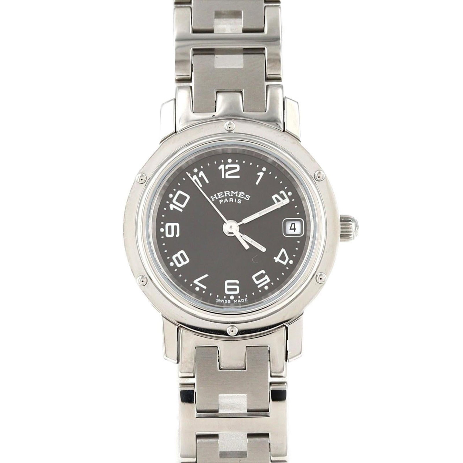 Wristwatch by Hermes: Wristwatch by Hermes Stainless steel case and band provide a sleek, modern look for the woman on-the-go. This pre-owned Hermes wristwatch boasts a gray dial and measures 24mm in diameter, suitable for