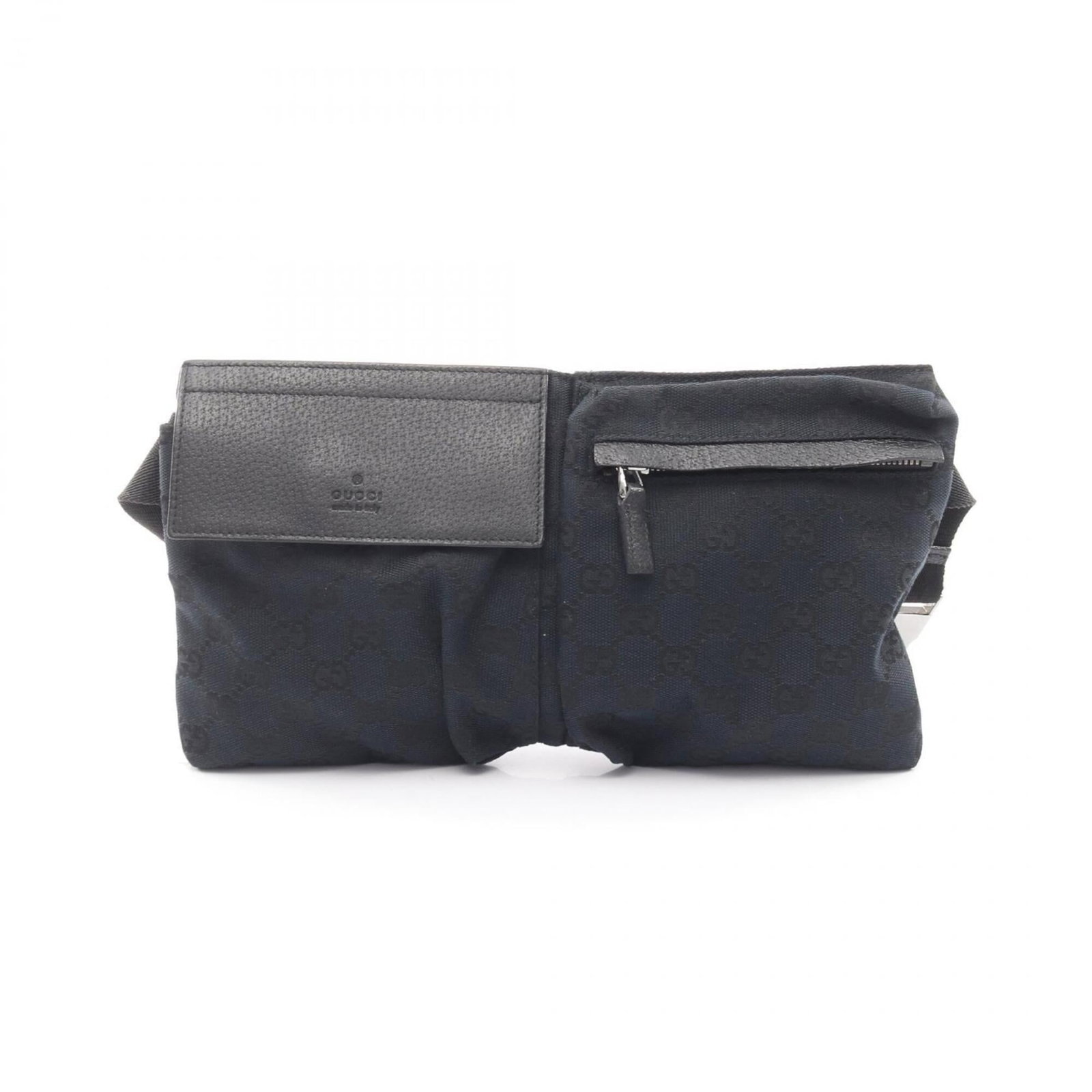 Gucci canvas handbag fanny pack leather: Gucci canvas handbag fanny pack leather This Gucci canvas and leather fanny pack boasts a sleek black and navy color combination, featuring a classic design with a mix of textures. With its durable ca