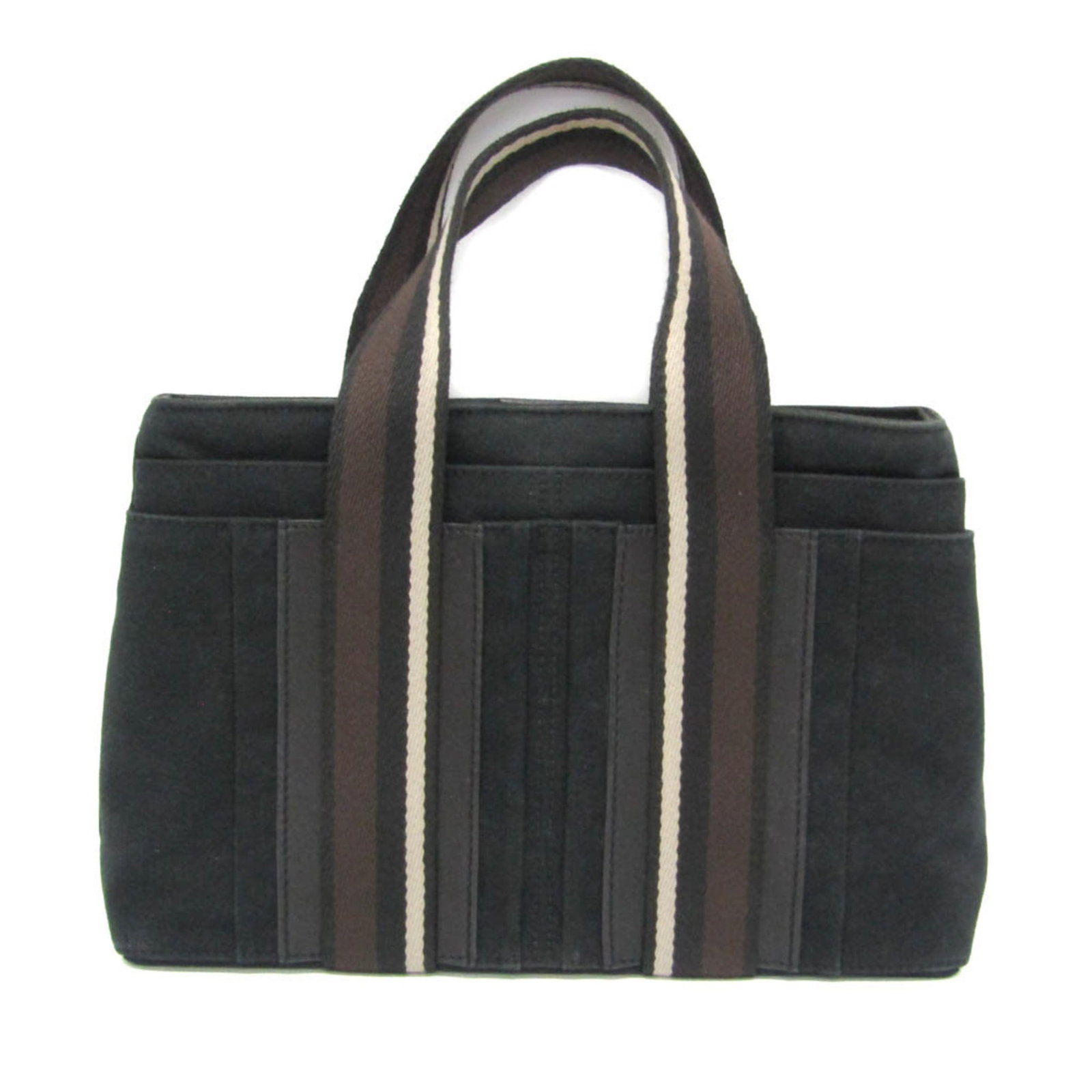 Handbag Leather Cotton Hermes: Handbag Leather Cotton Hermes Handbag with a unique blend of leather and cotton, featuring a classic snap fastener closure and multiple pockets for organization. The black and dark brown color scheme 