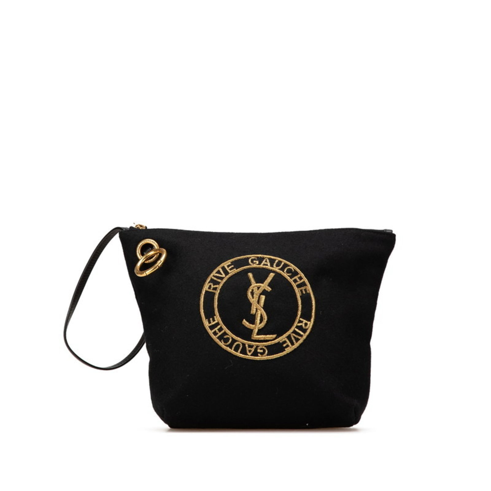 Saint Laurent Clutch Bag Pouch Wool Leather: Saint Laurent Clutch Bag Pouch Wool Leather Wool and leather blend in a sleek black Saint Laurent clutch bag pouch, measuring 18cm x 17.5cm x 9cm. The item has been used, with some scratches and dirt