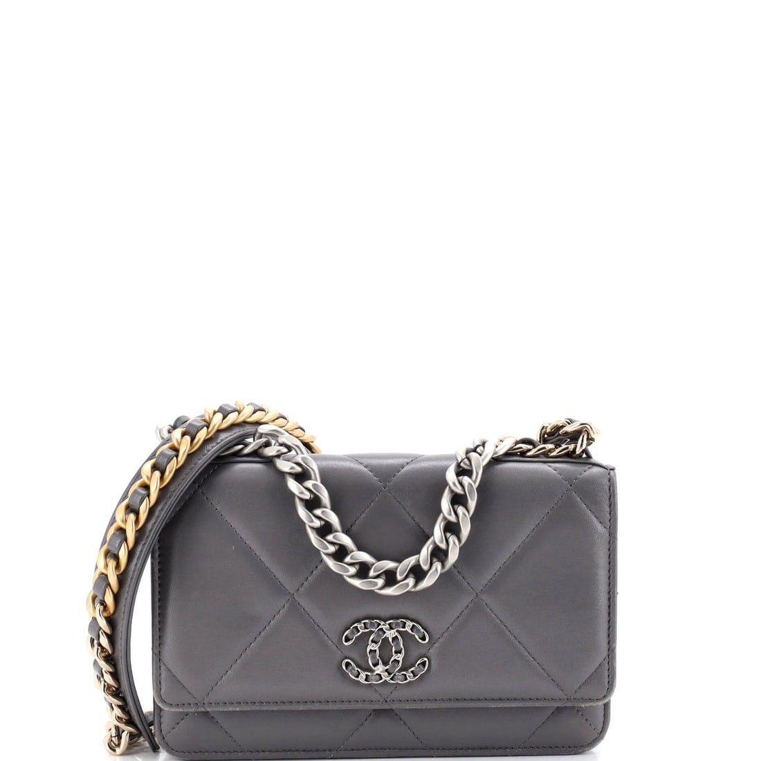 Chanel Wallet on Lambskin Quilted Chain: Chanel Wallet on Lambskin Quilted Chain Gray quilted lambskin exterior, gold tone hardware, and interior made from fabric and leather. The wallet on chain features heavy corner wear, scuffs, and