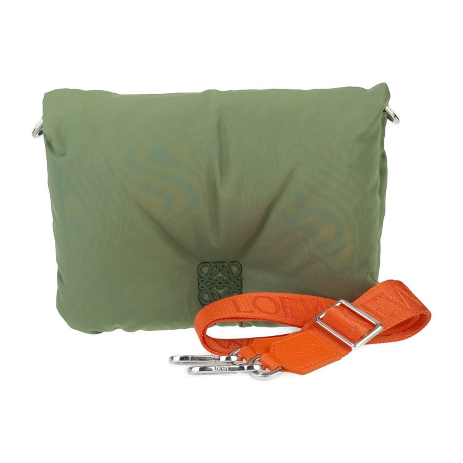 Shoulder bag tote nylon handbag loewe: Shoulder bag tote nylon handbag loewe Used Loewe nylon shoulder bag tote in khaki and orange, featuring a durable nylon material and a classic design. The bag measures 21cm x 28cm x 10cm and shows