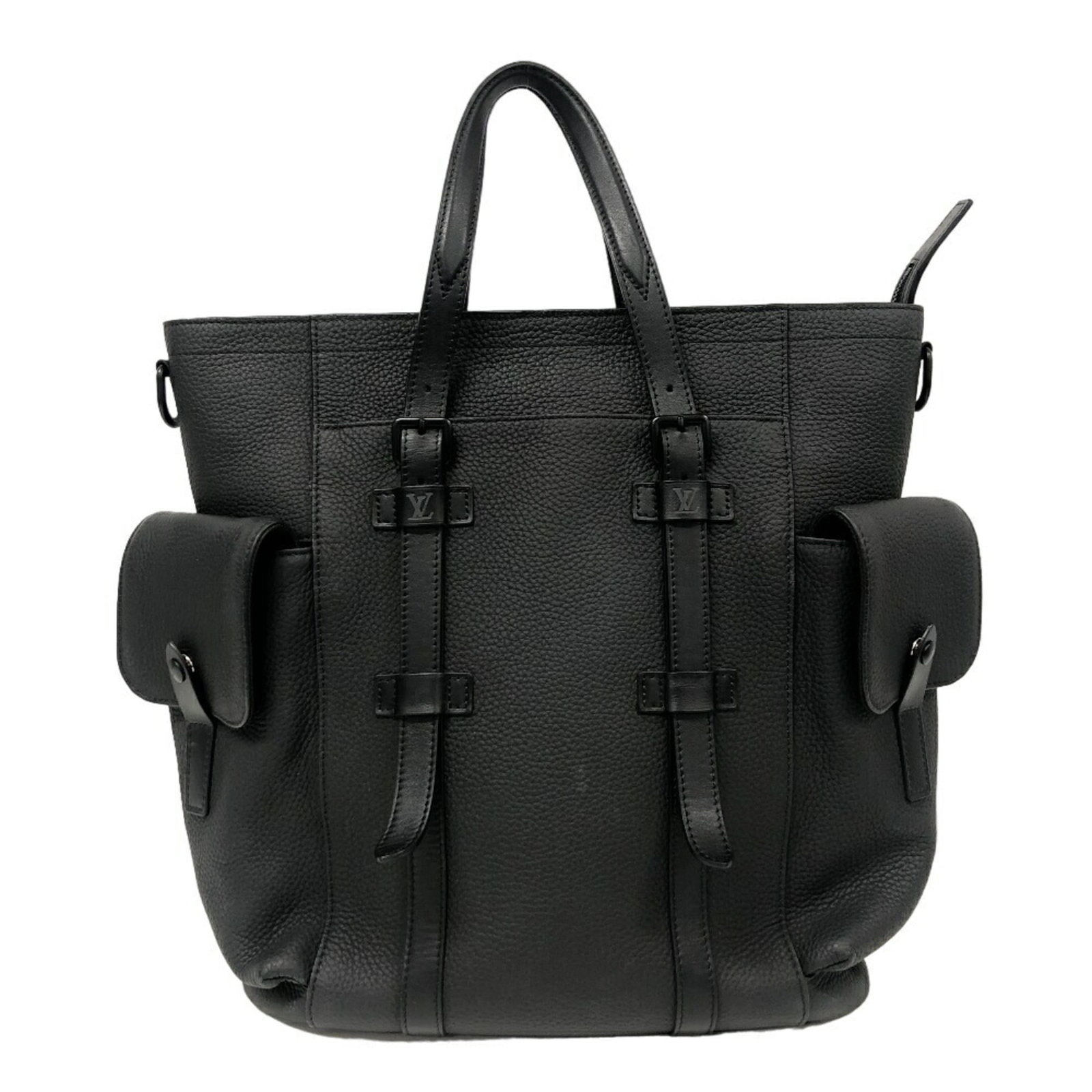 Louis Vuitton Tote Bag Leather: Louis Vuitton Tote Bag Leather Black leather Louis Vuitton tote bag with classic design, measuring 38cm x 34cm x 12.5cm and featuring a 13.5cm handle length. The bag has traces of usage, scratches, an