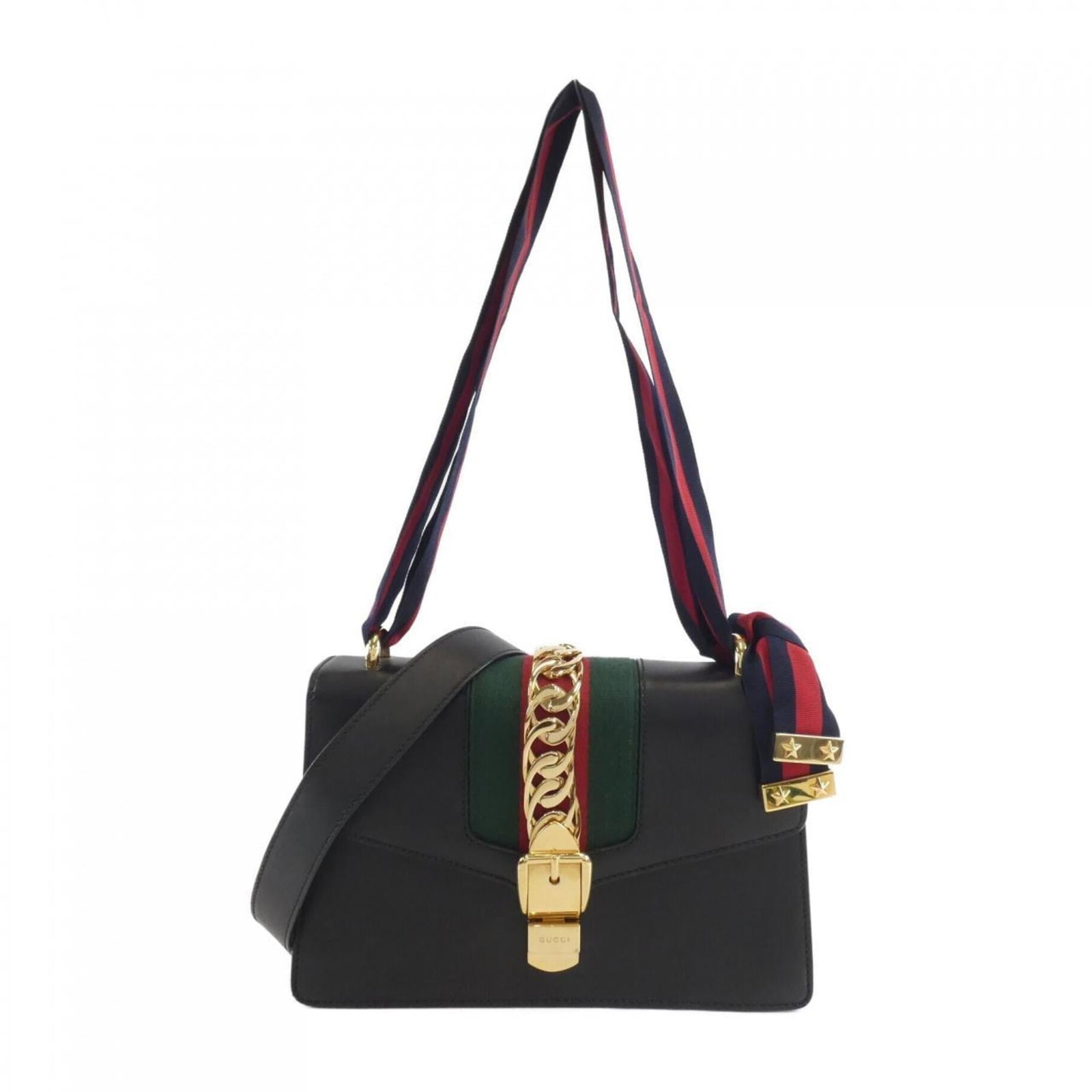 Shoulder Bag Leather Gucci: Shoulder Bag Leather Gucci This black leather shoulder bag from Gucci features gold hardware and has been well-cared for, with only minor signs of wear. The bag's classic design and luxurious