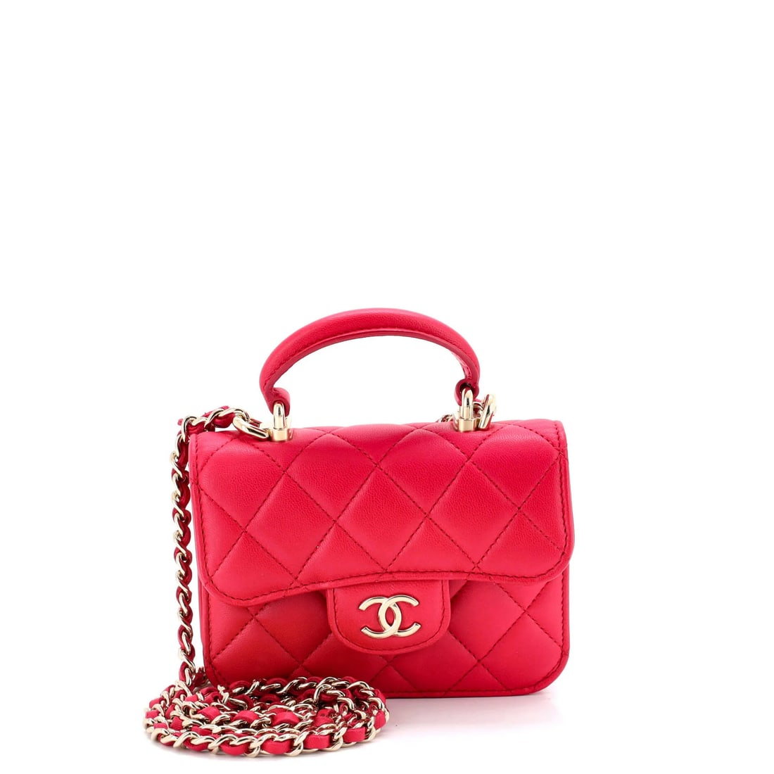 Chanel Top Handle Flap Coin Purse with Chain Quilted Lambskin: Chanel Top Handle Flap Coin Purse with Chain Quilted Lambskin The Chanel Top Handle Flap Coin Purse with Chain Quilted Lambskin features a striking pink exterior made from quilted lambskin leather,