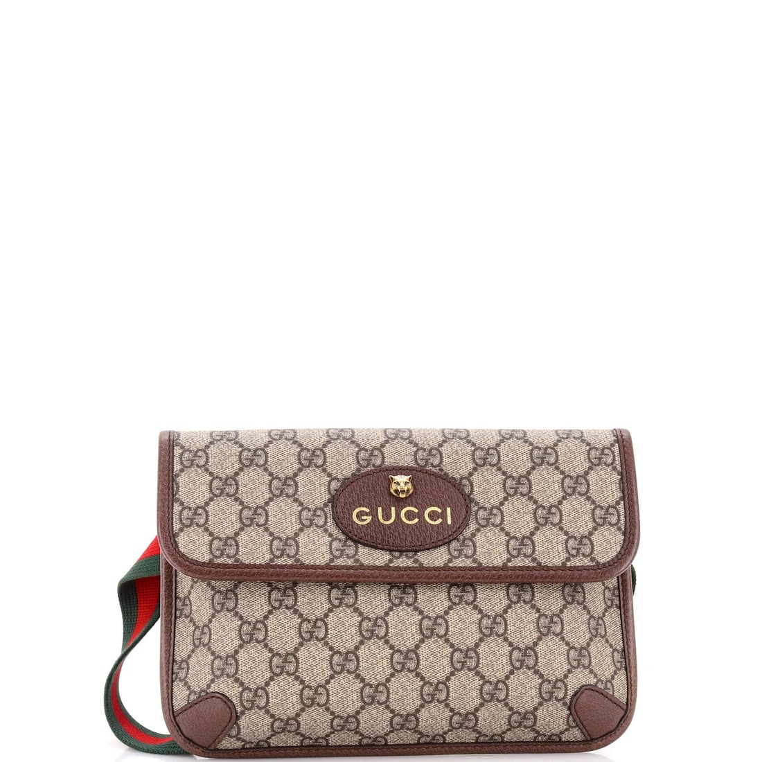 Gucci Canvas GG Belt Bag Flap Vintage: Gucci Canvas GG Belt Bag Flap Vintage Brown canvas coated leather Gucci Neo Vintage Flap Belt Bag GG with gold hardware, featuring minor fraying and scuffs on the exterior. The bag measures
