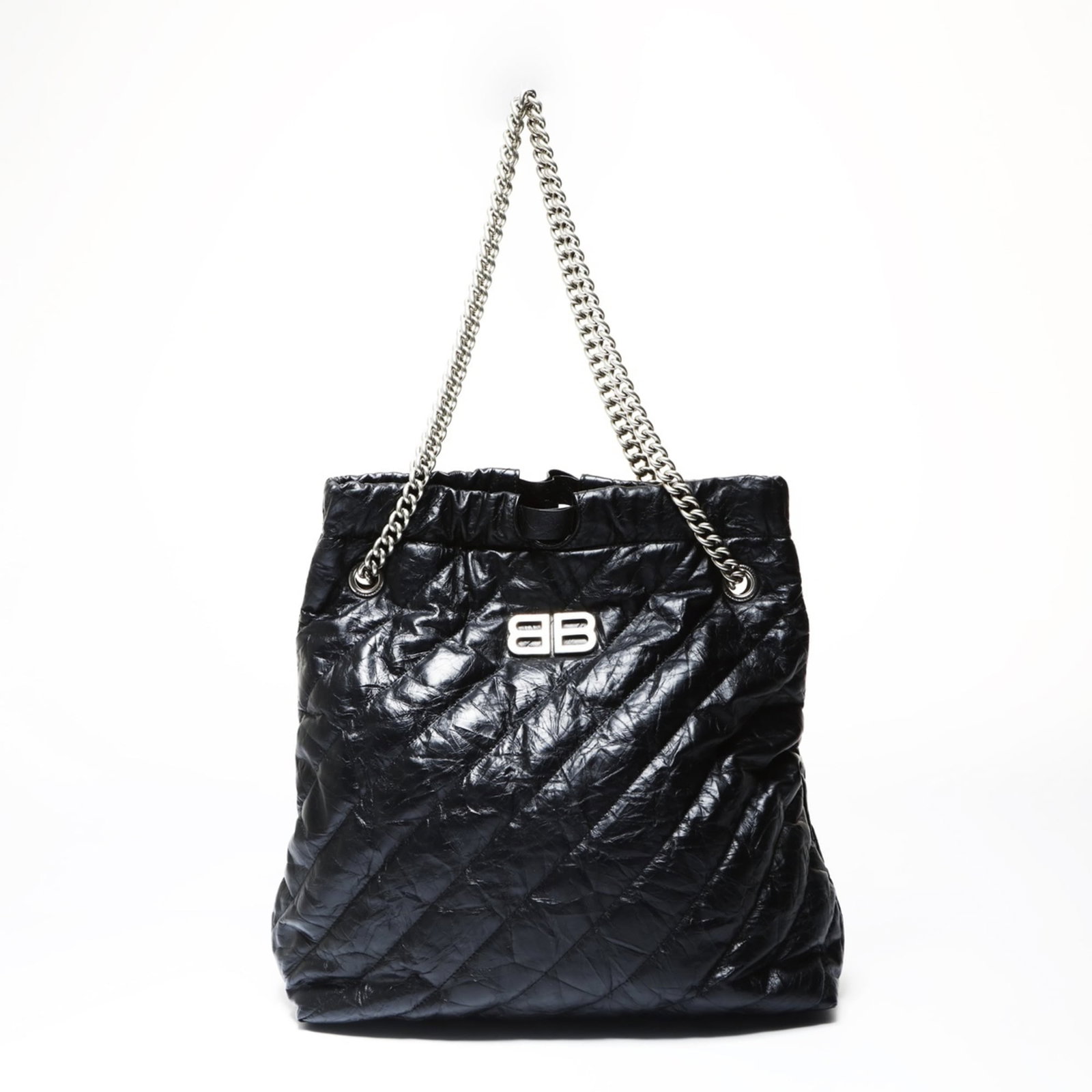 Shoulder Bag by Balenciaga: Shoulder Bag by Balenciaga Black Balenciaga shoulder bag with a sleek design, featuring a 53cm strap drop and dimensions of 37cm x 39cm x 13cm. The bag has some traces of usage, including minor