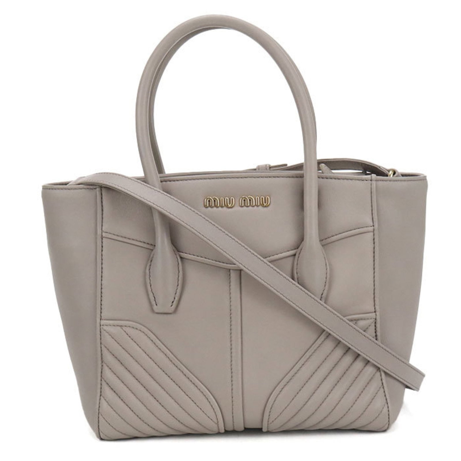 Miu Tote Bag Leather: Miu Tote Bag Leather Gray Miu Miu leather tote bag with gold hardware, featuring an open pocket and zipper pocket for added convenience. The bag's exterior shows a few traces of usage, including some 