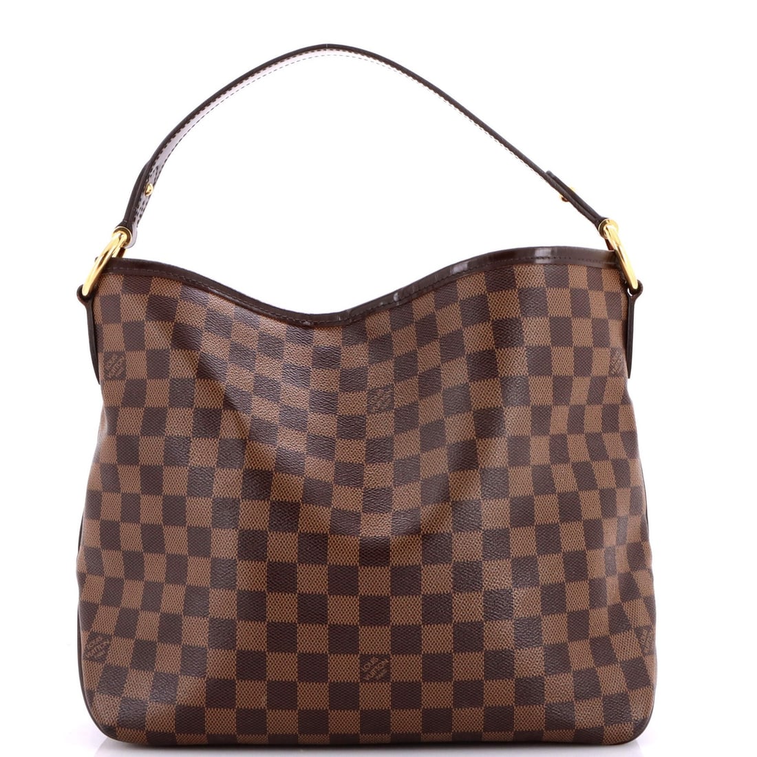 Damier PM Louis Vuitton Handbag NM: Damier PM Louis Vuitton Handbag NM Brown Damier PM Louis Vuitton Hobo Handbag with Red Interior, featuring canvas coated exterior and gold hardware. The bag measures 11" tall, 12.5" wide, and 4"