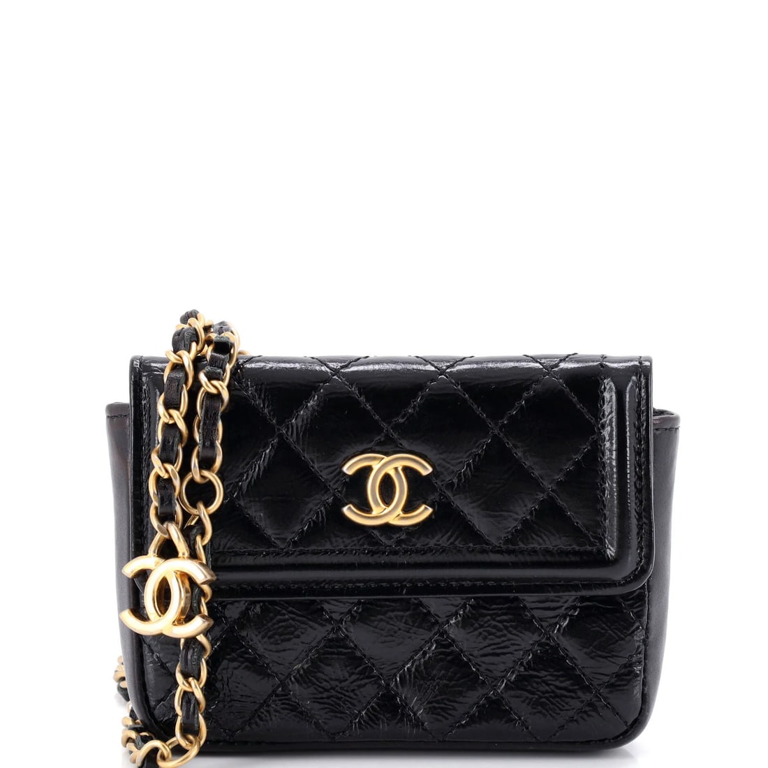 Chanel CC Flap Chain Belt Bag Quilted Shiny Aged Calfskin: Chanel CC Flap Chain Belt Bag Quilted Shiny Aged Calfskin Black quilted leather belt bag with shiny, aged calfskin exterior and interior, featuring chain-link details. Minor scuffs and creases adorn